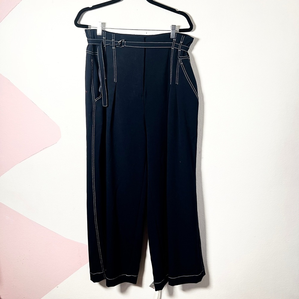 Adrianna Papell Paperbag Pants Sz 14 Navy Topstitch Wide Leg High Waist